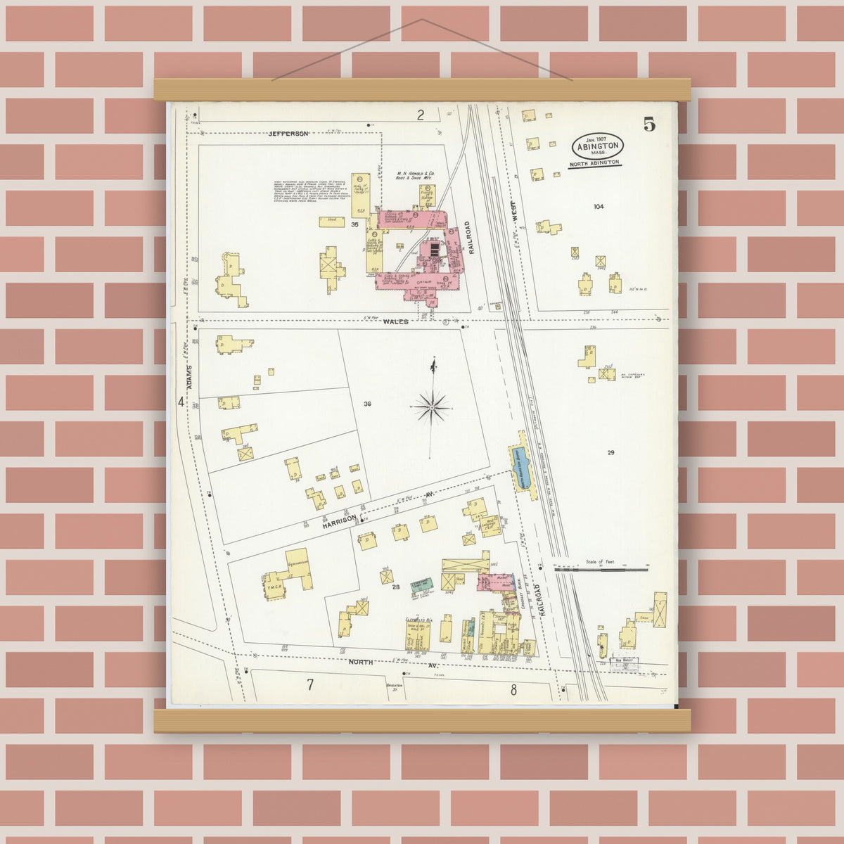 Old map wall art mockup — magnetic wood frame on brick wall — Sanborn Fire Insurance Map from Abington, Plymouth County, Massachusetts (1907), Sheet #0005