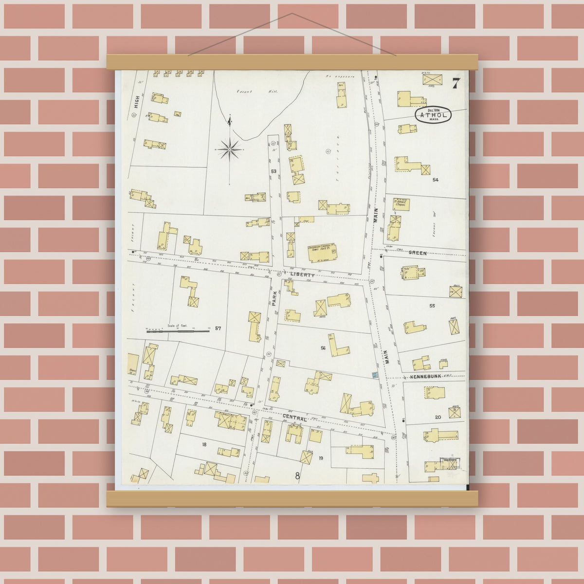 Old map wall art mockup — magnetic wood frame on brick wall — Sanborn Fire Insurance Map from Athol, Worcester County, Massachusetts (1896), Sheet #0007