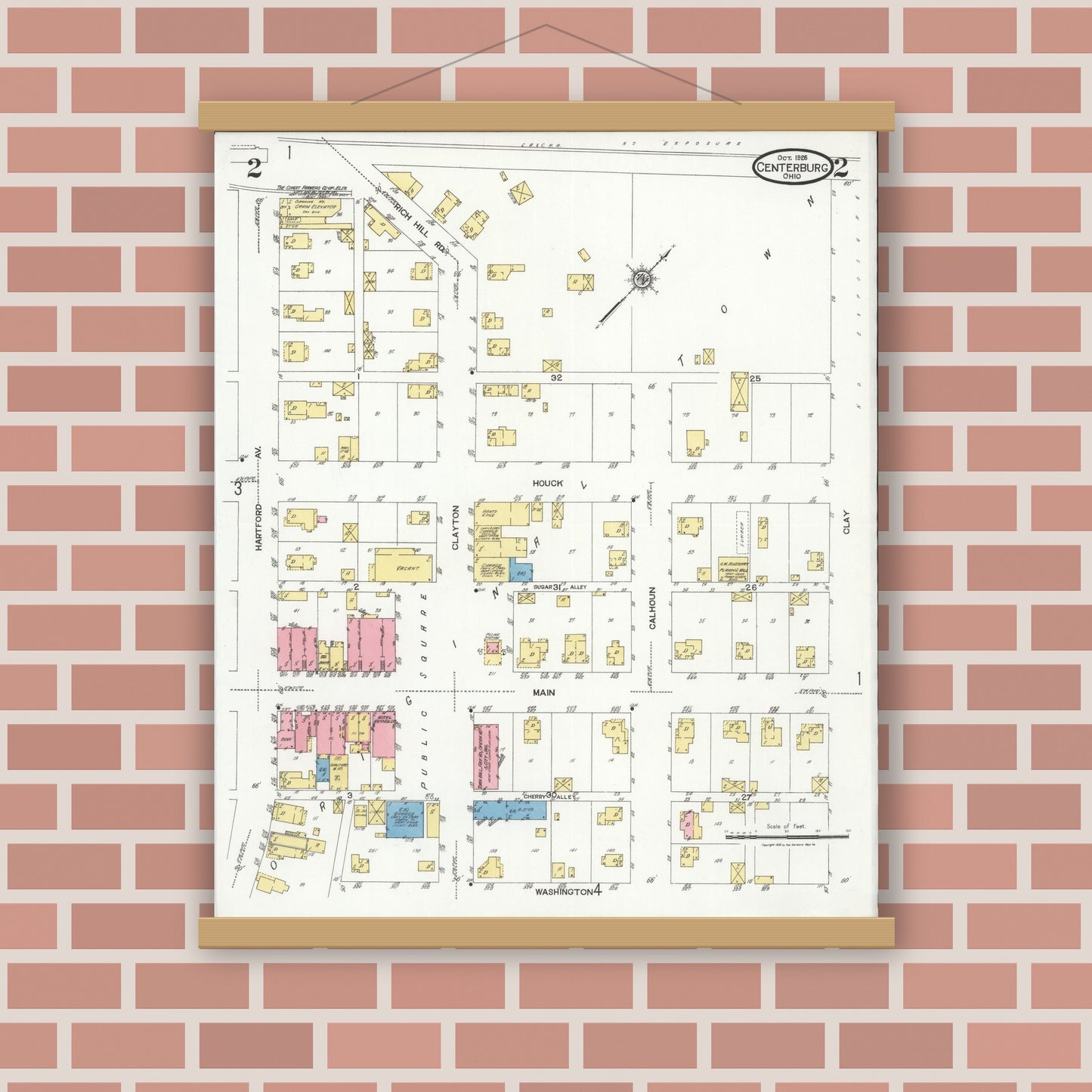Old map wall art mockup — magnetic wood frame on brick wall — Sanborn Fire Insurance Map from Centerburg, Knox County, Ohio (1926), Sheet #0002