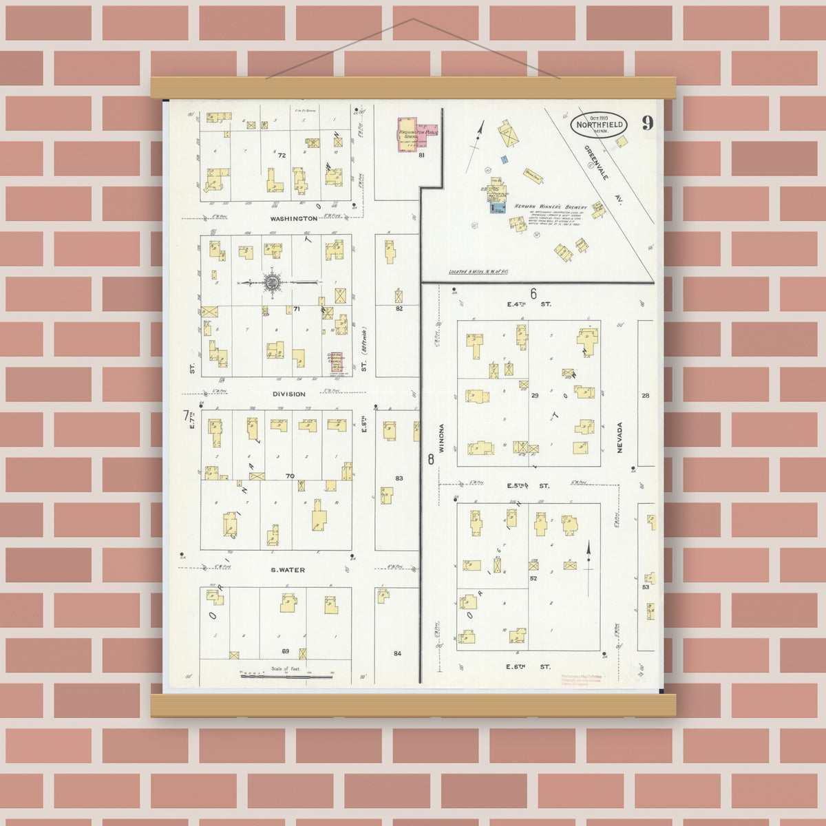 Old map wall art mockup — magnetic wood frame on brick wall — Sanborn Fire Insurance Map from Northfield, Rice County, Minnesota (1910), Sheet #0009