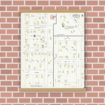 Old map wall art mockup — magnetic wood frame on brick wall — Sanborn Fire Insurance Map from Northfield, Rice County, Minnesota (1910), Sheet #0009
