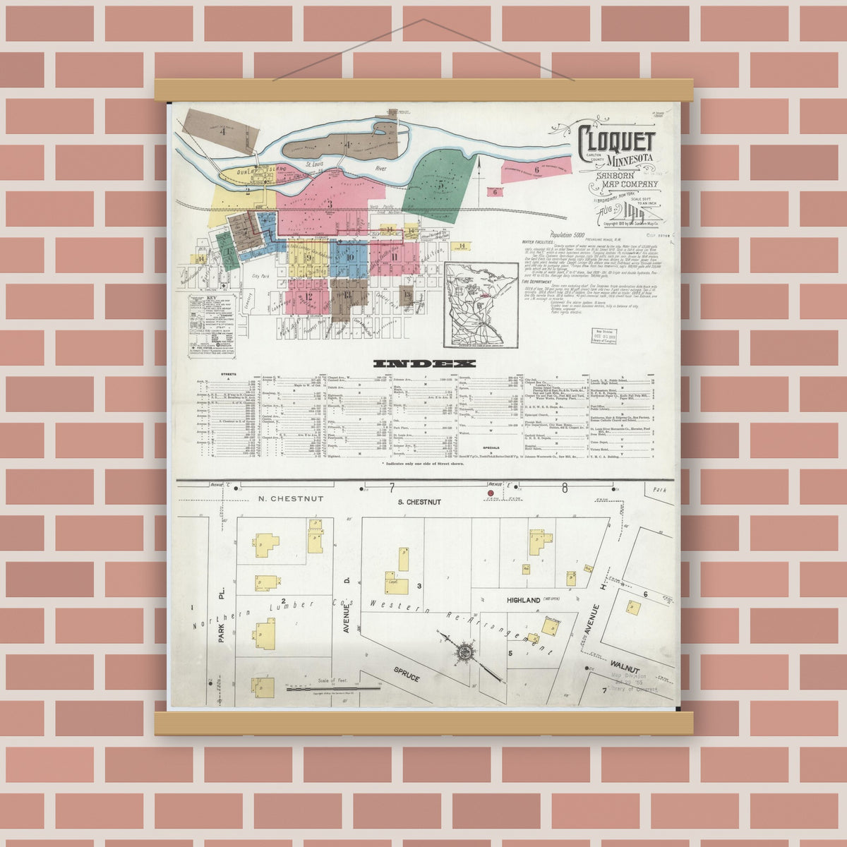 Old map wall art mockup — magnetic wood frame on brick wall — Sanborn Fire Insurance Map from Cloquet, Carlton County, Minnesota (1919) - Complete Map Set