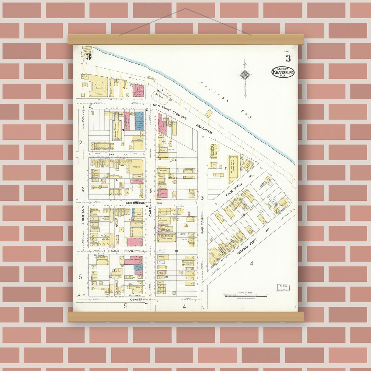 Old map wall art mockup — magnetic wood frame on brick wall — Sanborn Fire Insurance Map from Keansburg, Monmouth County, New Jersey (1923), Sheet #0003