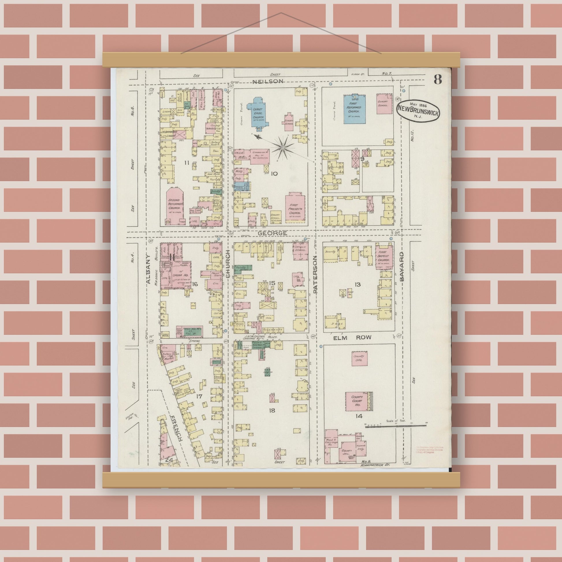 Old map wall art mockup — magnetic wood frame on brick wall — Sanborn Fire Insurance Map from New Brunswick, Middlesex County, New Jersey (1886), Sheet #0008
