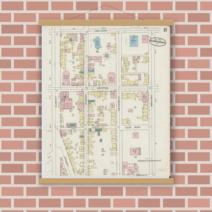 Old map wall art mockup — magnetic wood frame on brick wall — Sanborn Fire Insurance Map from New Brunswick, Middlesex County, New Jersey (1886), Sheet #0008