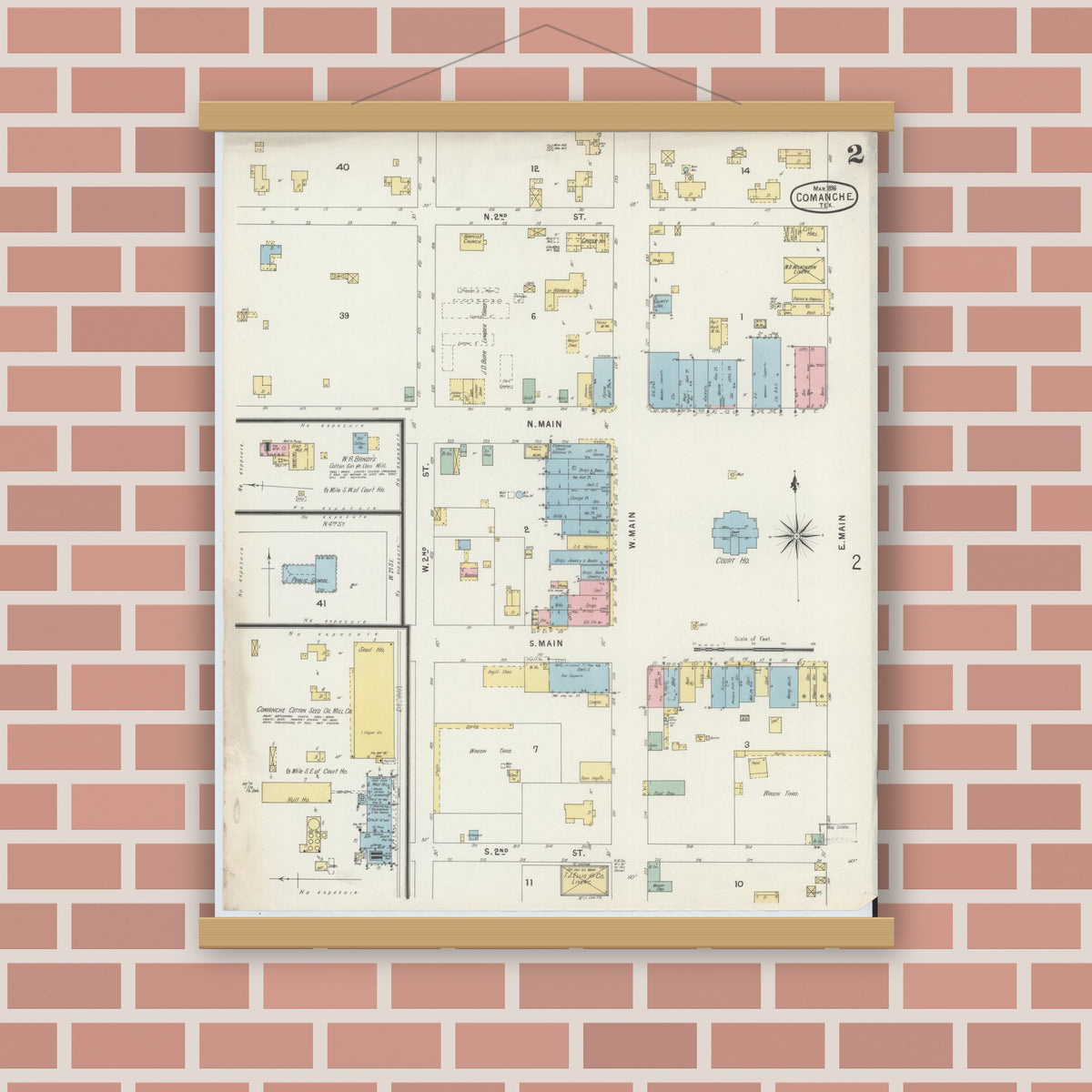 Old map wall art mockup — magnetic wood frame on brick wall — Sanborn Fire Insurance Map from Comanche, Comanche County, Texas (1896), Sheet #0002