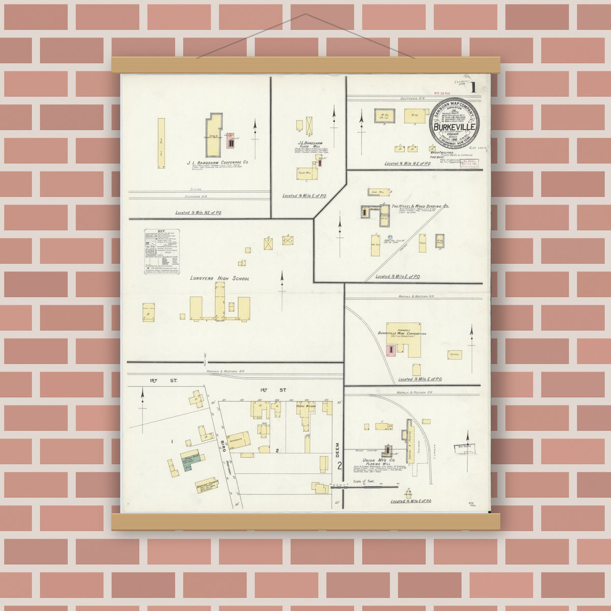 Old map wall art mockup — magnetic wood frame on brick wall — Sanborn Fire Insurance Map from Burkeville, Nottoway County, Virginia (1910) - Complete Map Set