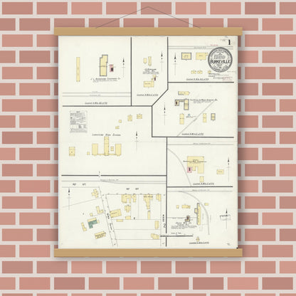 Old map wall art mockup — magnetic wood frame on brick wall — Sanborn Fire Insurance Map from Burkeville, Nottoway County, Virginia (1910) - Complete Map Set