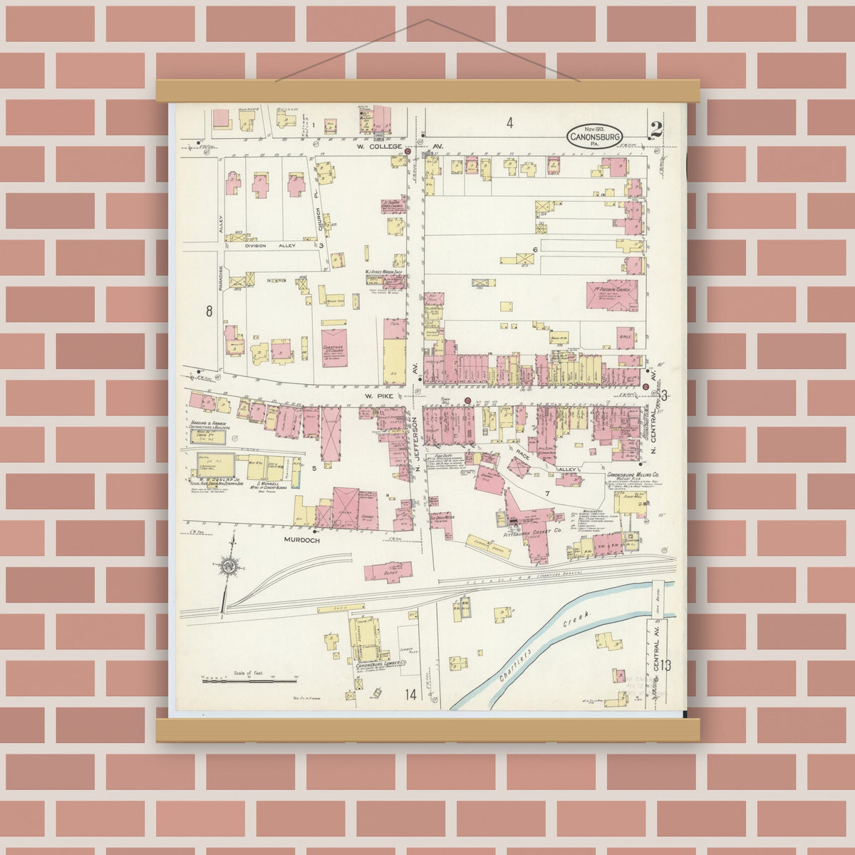 Old map wall art mockup — magnetic wood frame on brick wall — Sanborn Fire Insurance Map from Canonsburg, Washington County, Pennsylvania (1913), Sheet #0002