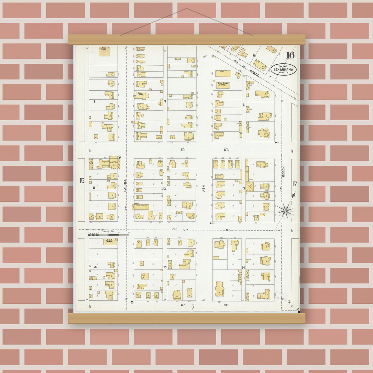 Old map wall art mockup — magnetic wood frame on brick wall — Sanborn Fire Insurance Map from Texarkana, Bowie County, Texas (1900), Sheet #0016