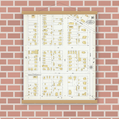 Old map wall art mockup — magnetic wood frame on brick wall — Sanborn Fire Insurance Map from Texarkana, Bowie County, Texas (1900), Sheet #0016