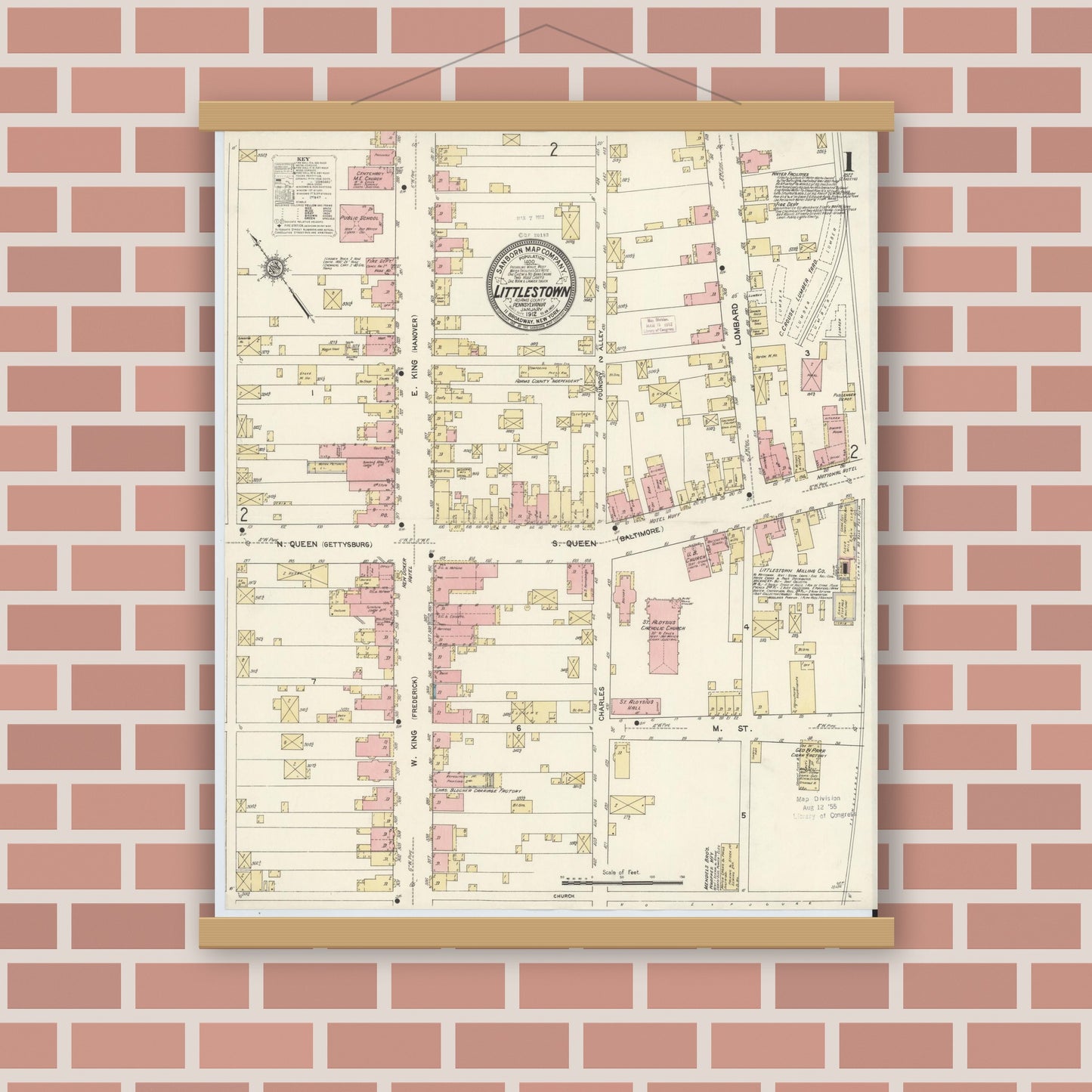 Old map wall art mockup — magnetic wood frame on brick wall — Sanborn Fire Insurance Map from Littlestown, Adams County, Pennsylvania (1912), Sheet #0001