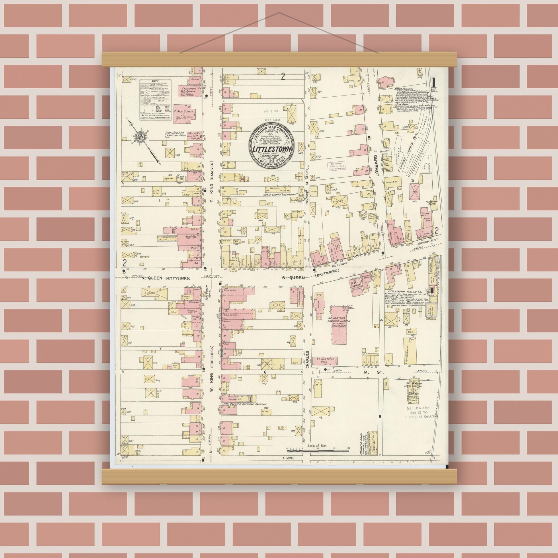 Old map wall art mockup — magnetic wood frame on brick wall — Sanborn Fire Insurance Map from Littlestown, Adams County, Pennsylvania (1912), Sheet #0001