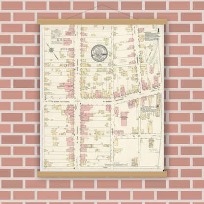 Old map wall art mockup — magnetic wood frame on brick wall — Sanborn Fire Insurance Map from Littlestown, Adams County, Pennsylvania (1912), Sheet #0001