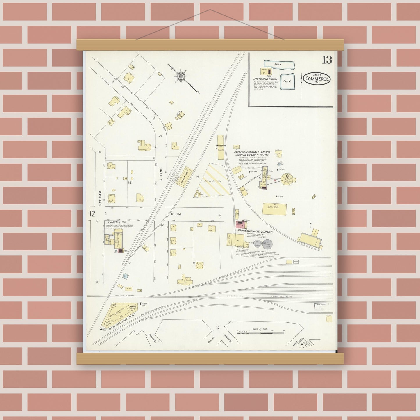 Old map wall art mockup — magnetic wood frame on brick wall — Sanborn Fire Insurance Map from Commerce, Hunt County, Texas (1911), Sheet #0013