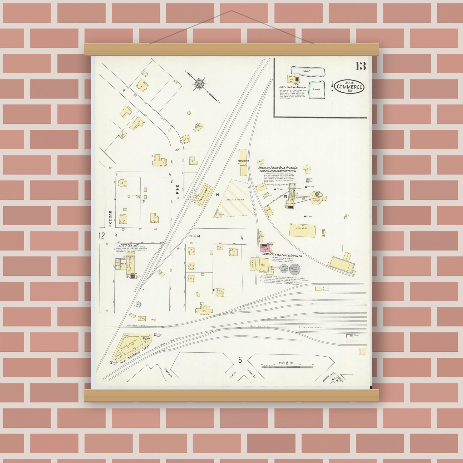 Old map wall art mockup — magnetic wood frame on brick wall — Sanborn Fire Insurance Map from Commerce, Hunt County, Texas (1911), Sheet #0013