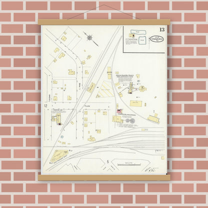Old map wall art mockup — magnetic wood frame on brick wall — Sanborn Fire Insurance Map from Commerce, Hunt County, Texas (1911), Sheet #0013