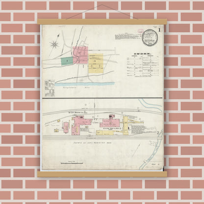 Old map wall art mockup — magnetic wood frame on brick wall — Sanborn Fire Insurance Map from Montgomery, Lycoming County, Pennsylvania (1897) - Complete Map Set