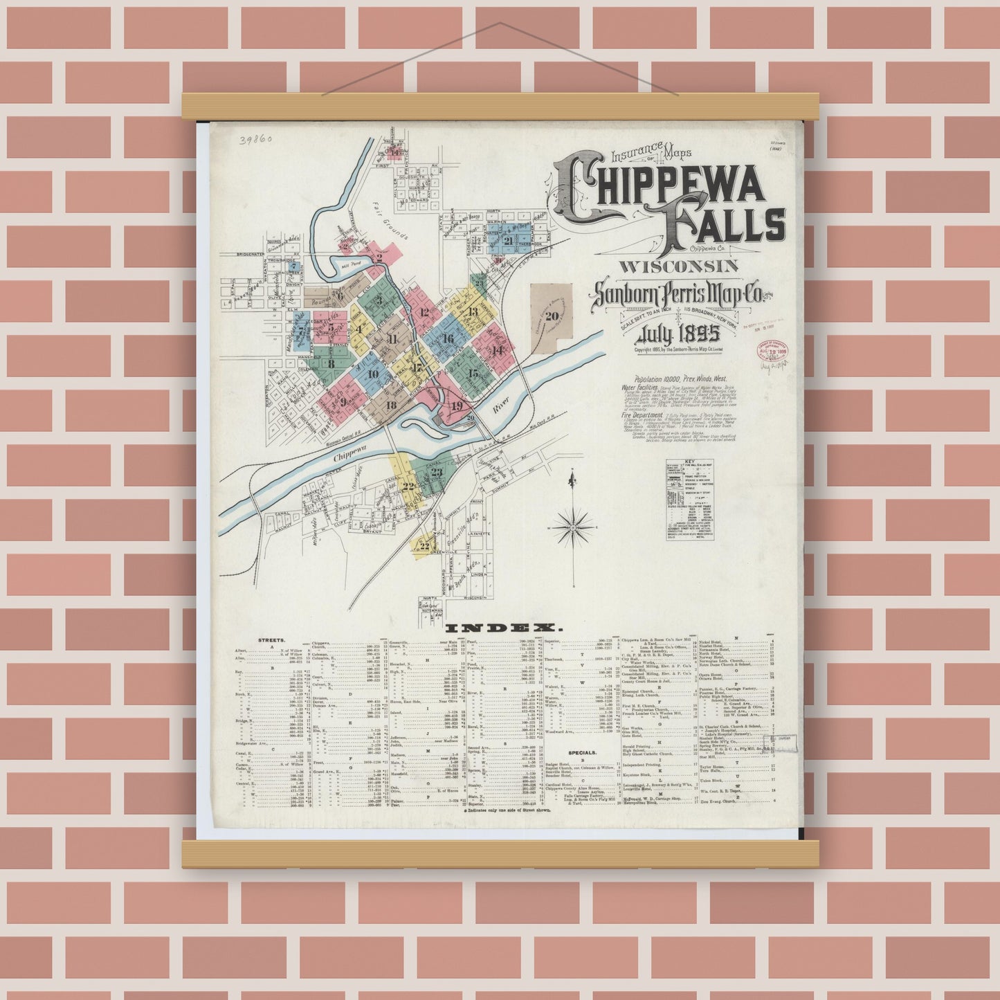 Old map wall art mockup — magnetic wood frame on brick wall — Sanborn Fire Insurance Map from Chippewa Falls, Chippewa County, Wisconsin (1895) - Complete Map Set