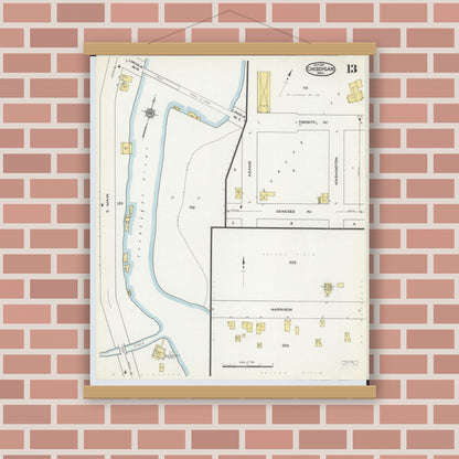 Old map wall art mockup — magnetic wood frame on brick wall — Sanborn Fire Insurance Map from Cheboygan, Cheboygan County, Michigan (1915), Sheet #0013