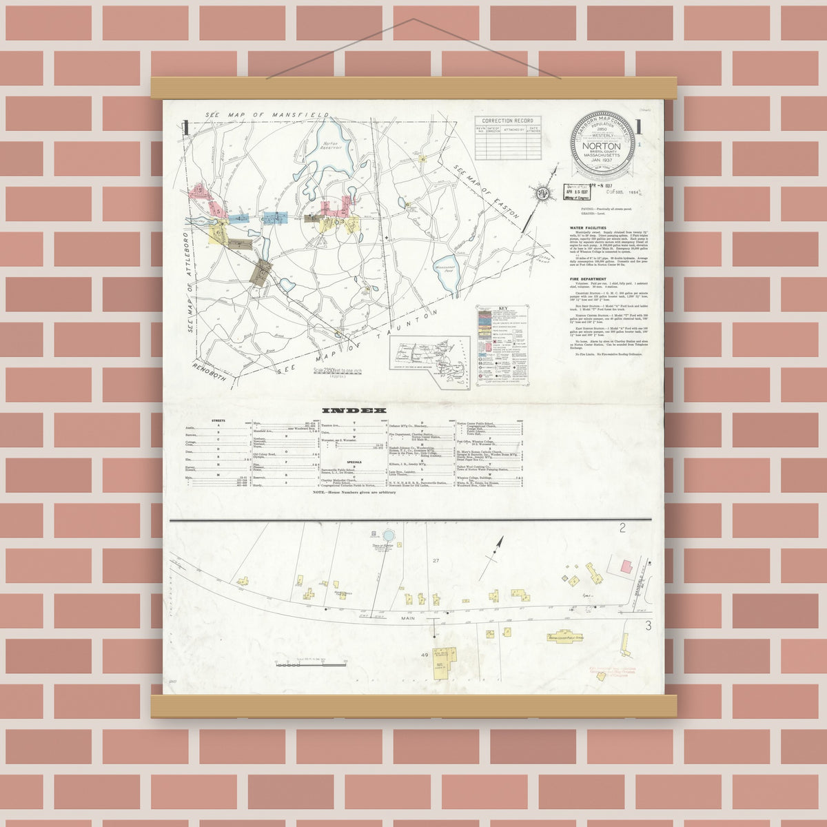 Old map wall art mockup — magnetic wood frame on brick wall — Sanborn Fire Insurance Map from Norton, Bristol County, Massachusetts (1937), Sheet #0001