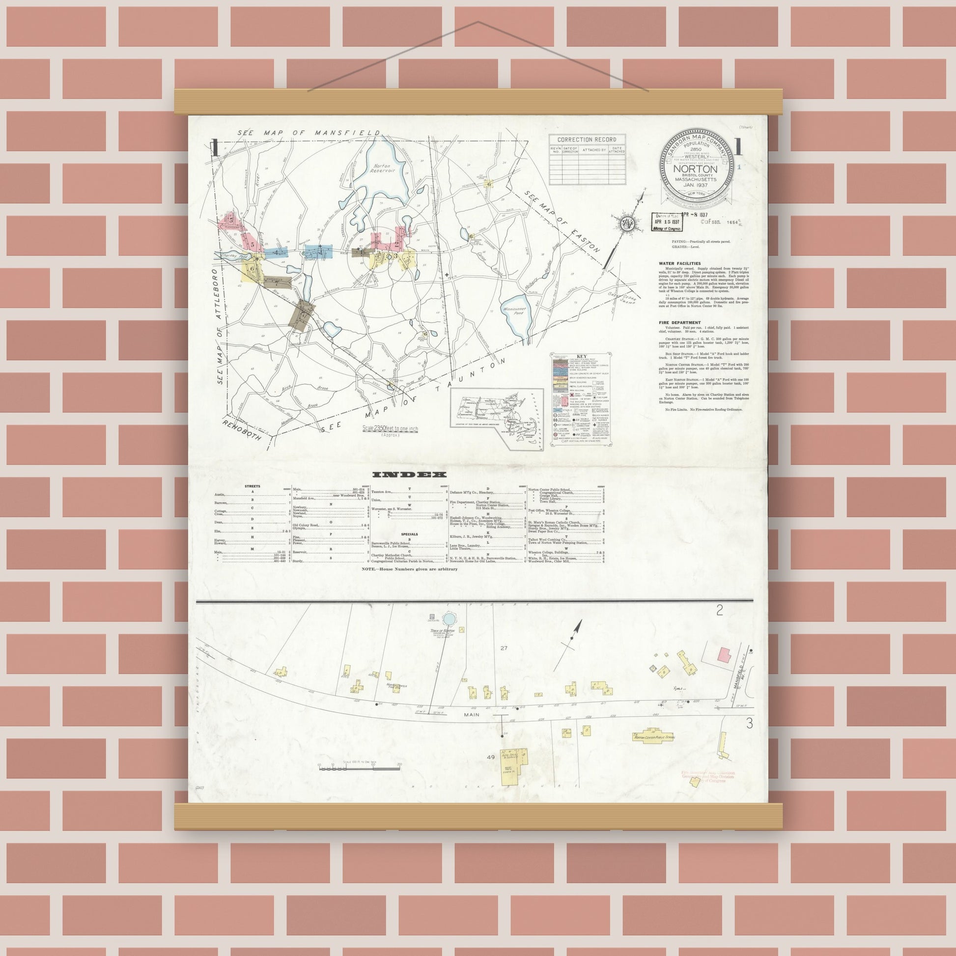Old map wall art mockup — magnetic wood frame on brick wall — Sanborn Fire Insurance Map from Norton, Bristol County, Massachusetts (1937), Sheet #0001