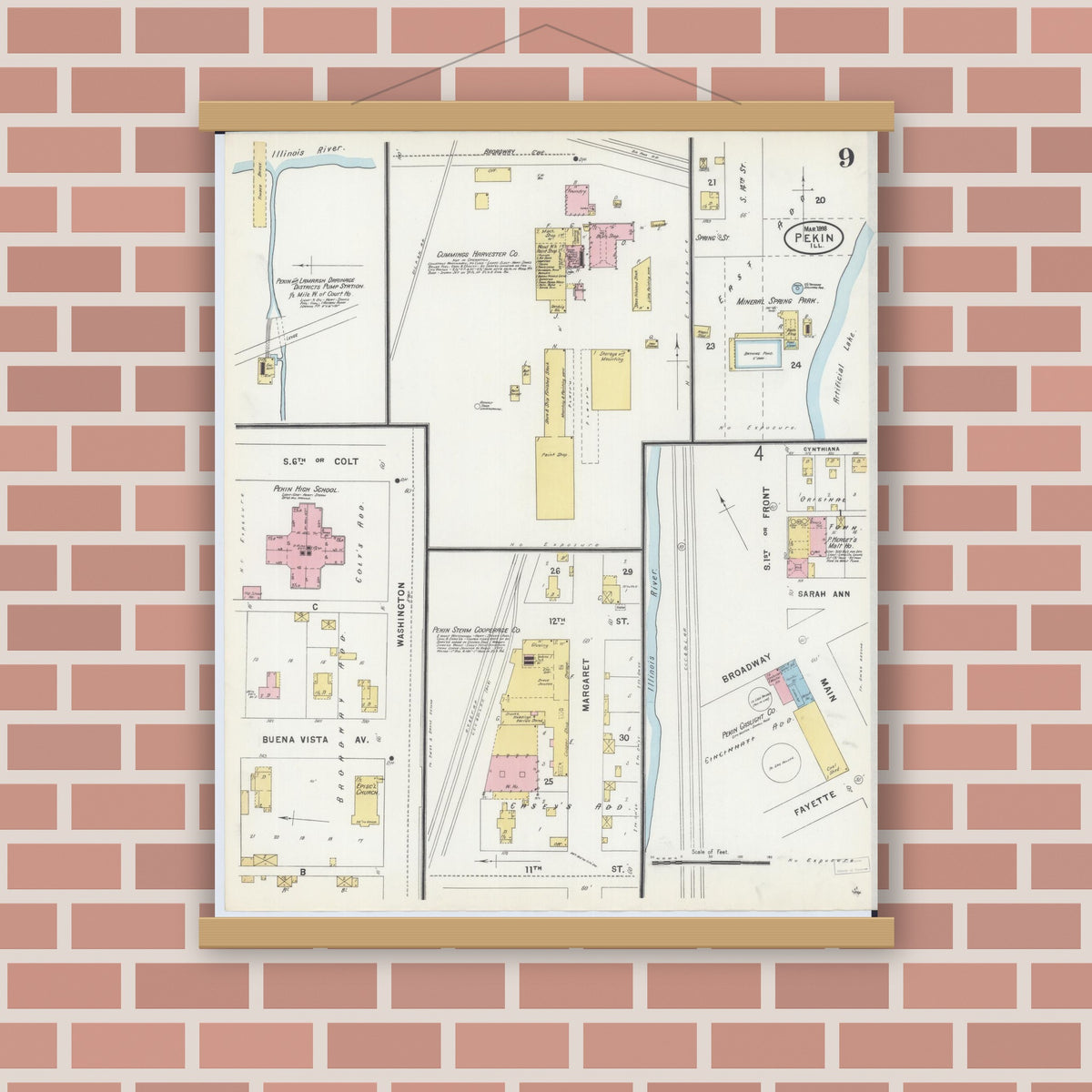 Old map wall art mockup — magnetic wood frame on brick wall — Sanborn Fire Insurance Map from Pekin, Tazewell County, Illinois (1898), Sheet #0009