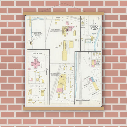 Old map wall art mockup — magnetic wood frame on brick wall — Sanborn Fire Insurance Map from Pekin, Tazewell County, Illinois (1898), Sheet #0009