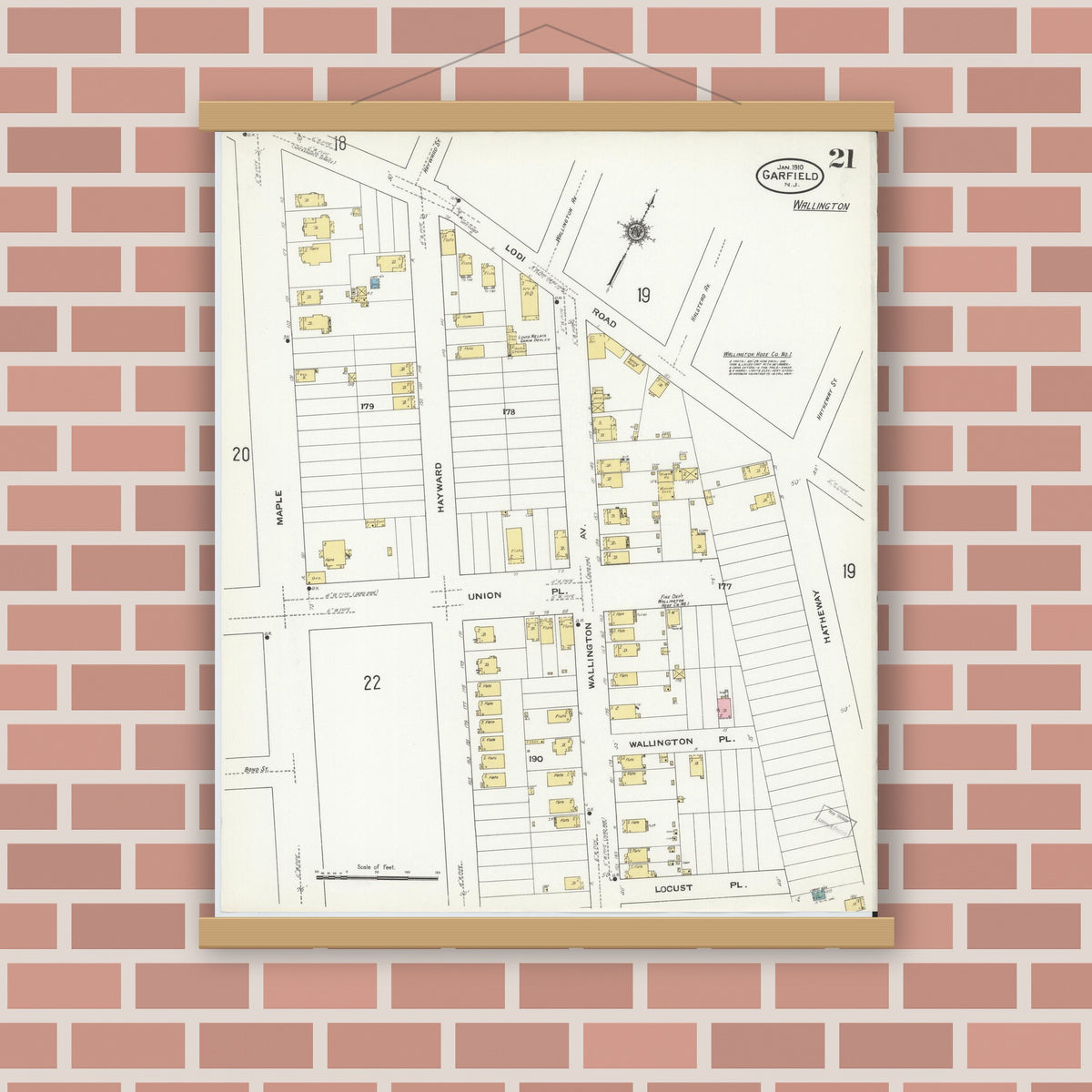Old map wall art mockup — magnetic wood frame on brick wall — Sanborn Fire Insurance Map from Garfield, Bergen County, New Jersey (1910), Sheet #0021