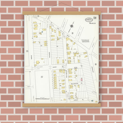 Old map wall art mockup — magnetic wood frame on brick wall — Sanborn Fire Insurance Map from Garfield, Bergen County, New Jersey (1910), Sheet #0021
