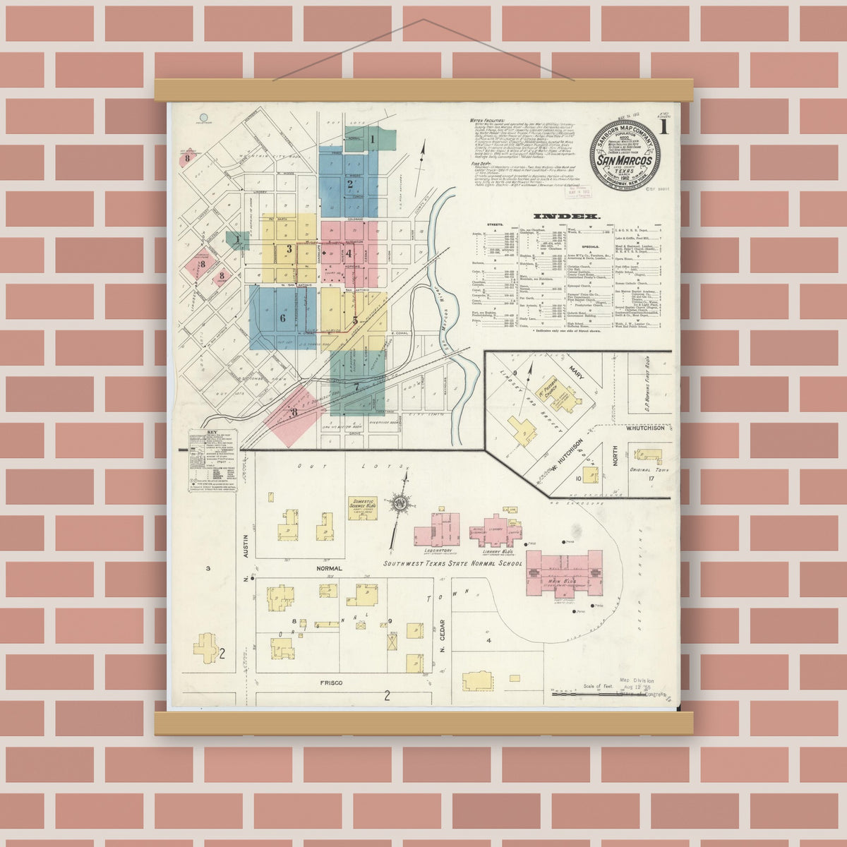 Old map wall art mockup — magnetic wood frame on brick wall — Sanborn Fire Insurance Map from San Marcos, Hays County, Texas (1912) - Complete Map Set