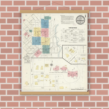 Old map wall art mockup — magnetic wood frame on brick wall — Sanborn Fire Insurance Map from San Marcos, Hays County, Texas (1912) - Complete Map Set