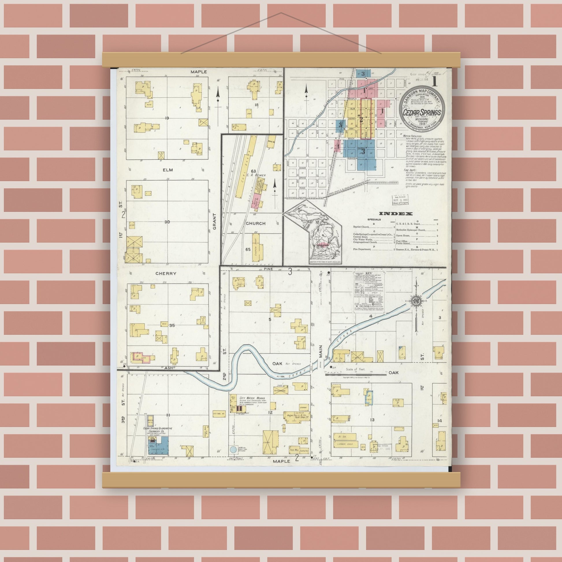 Old map wall art mockup — magnetic wood frame on brick wall — Sanborn Fire Insurance Map from Cedar Springs, Kent County, Michigan (1918), Sheet #0001