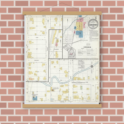 Old map wall art mockup — magnetic wood frame on brick wall — Sanborn Fire Insurance Map from Cedar Springs, Kent County, Michigan (1918), Sheet #0001