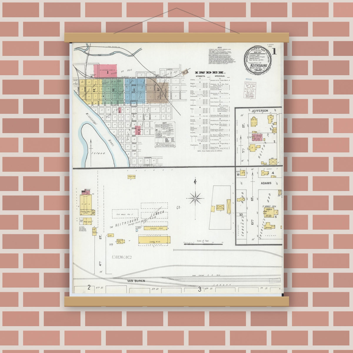 Old map wall art mockup — magnetic wood frame on brick wall — Sanborn Fire Insurance Map from Keithsburg, Mercer County, Illinois (1900) - Complete Map Set