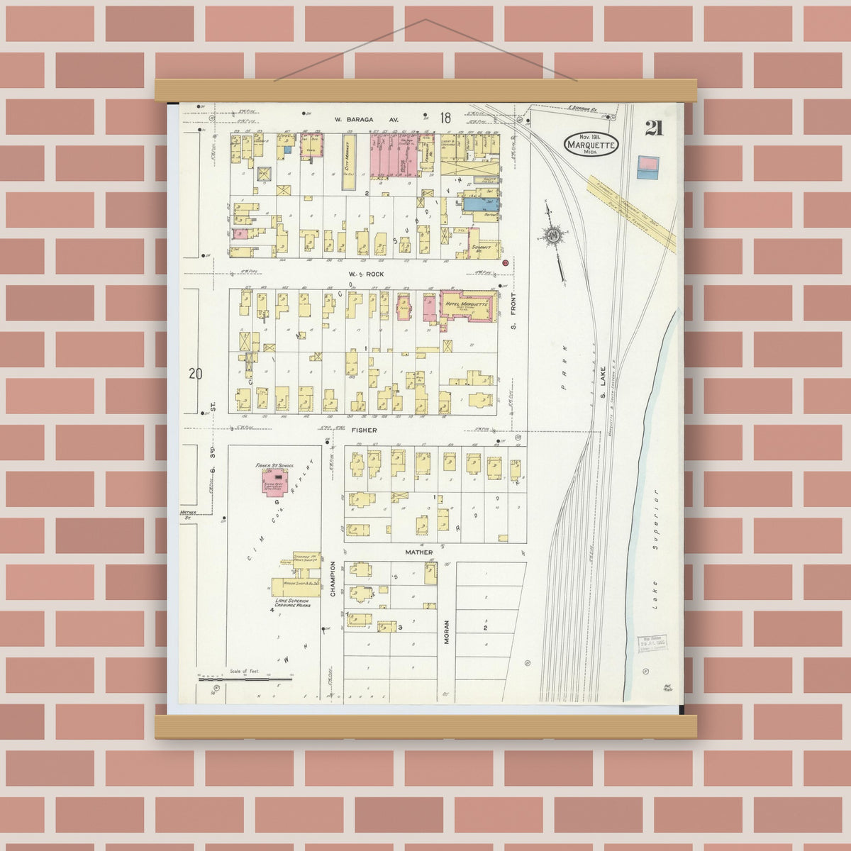 Old map wall art mockup — magnetic wood frame on brick wall — Sanborn Fire Insurance Map from Marquette, Marquette County, Michigan (1911), Sheet #0021