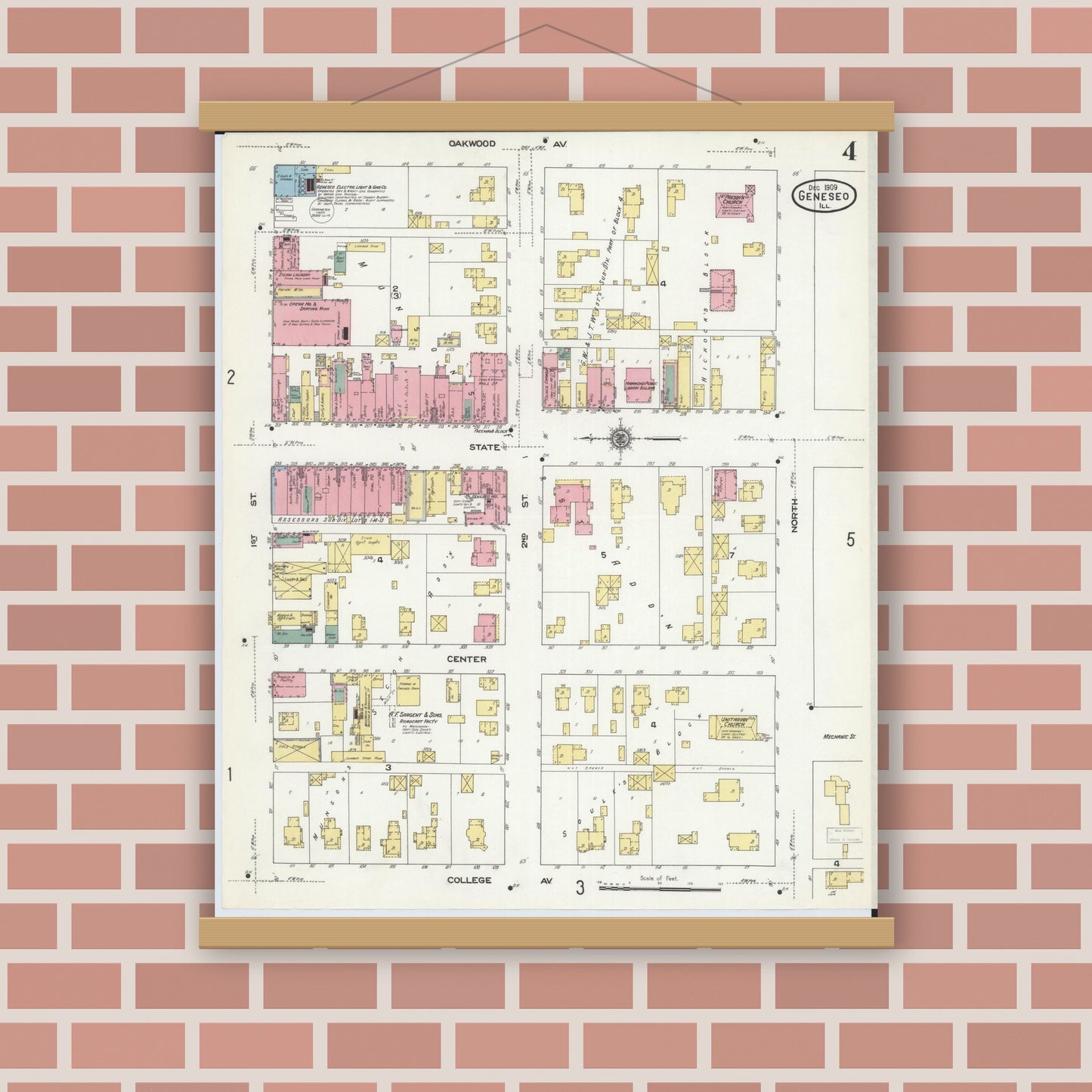 Old map wall art mockup — magnetic wood frame on brick wall — Sanborn Fire Insurance Map from Geneseo, Henry County, Illinois (1909), Sheet #0004