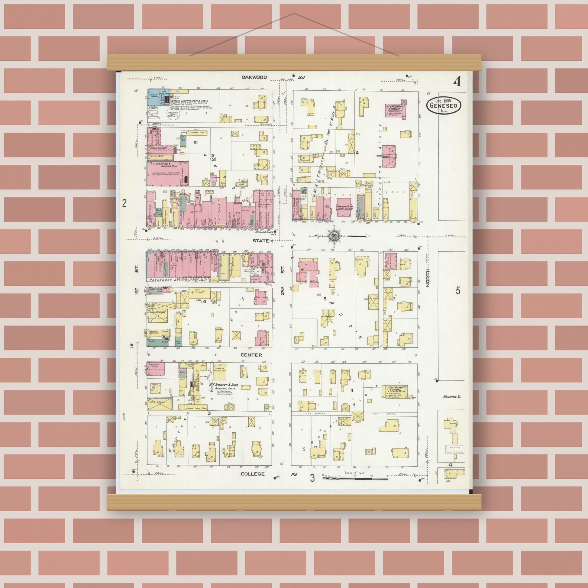 Old map wall art mockup — magnetic wood frame on brick wall — Sanborn Fire Insurance Map from Geneseo, Henry County, Illinois (1909), Sheet #0004