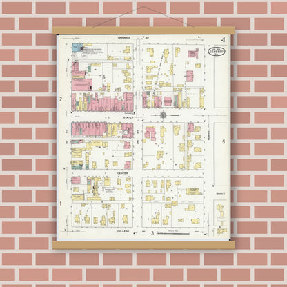 Old map wall art mockup — magnetic wood frame on brick wall — Sanborn Fire Insurance Map from Geneseo, Henry County, Illinois (1909), Sheet #0004