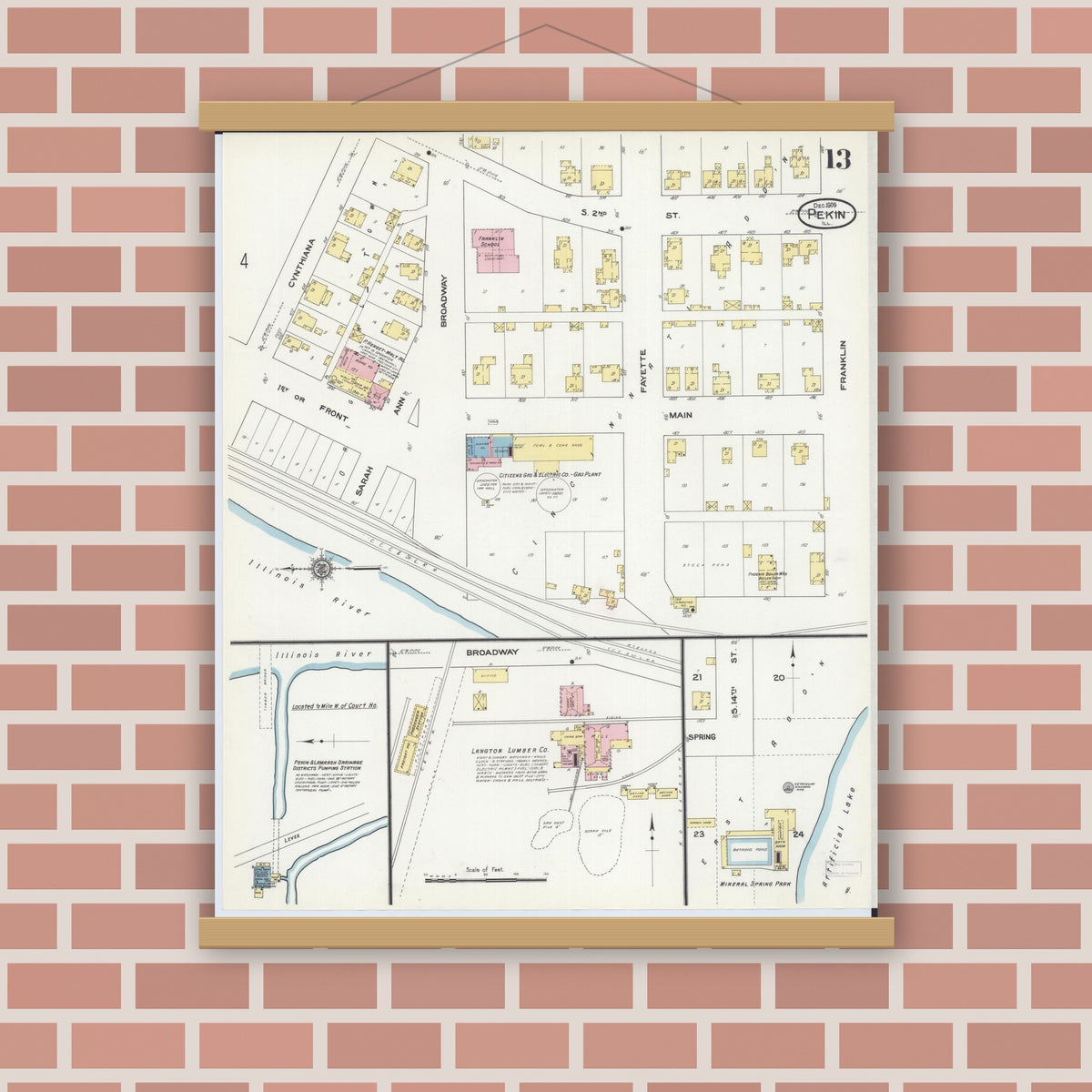 Old map wall art mockup — magnetic wood frame on brick wall — Sanborn Fire Insurance Map from Pekin, Tazewell County, Illinois (1909), Sheet #0013
