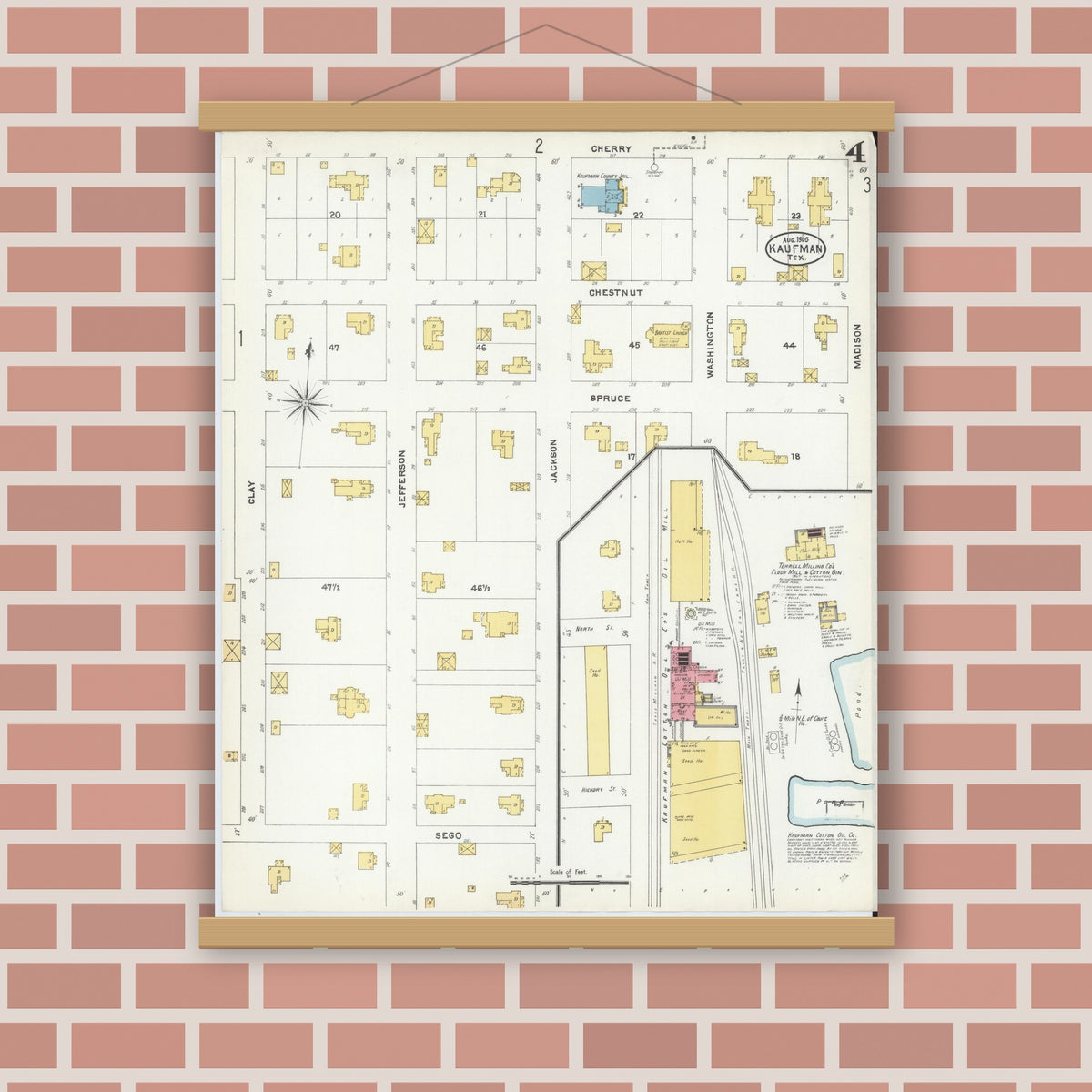 Old map wall art mockup — magnetic wood frame on brick wall — Sanborn Fire Insurance Map from Kaufman, Kaufman County, Texas (1905), Sheet #0004