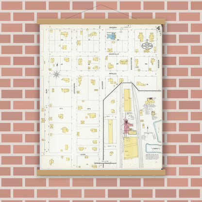 Old map wall art mockup — magnetic wood frame on brick wall — Sanborn Fire Insurance Map from Kaufman, Kaufman County, Texas (1905), Sheet #0004