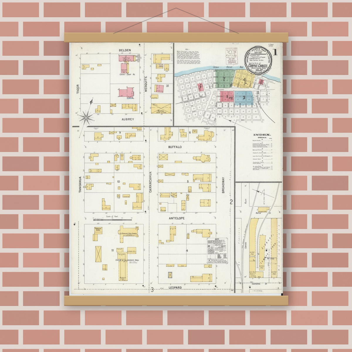 Old map wall art mockup — magnetic wood frame on brick wall — Sanborn Fire Insurance Map from Corpus Christi, Nueces County, Texas (1900), Sheet #0001