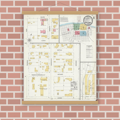 Old map wall art mockup — magnetic wood frame on brick wall — Sanborn Fire Insurance Map from Corpus Christi, Nueces County, Texas (1900), Sheet #0001