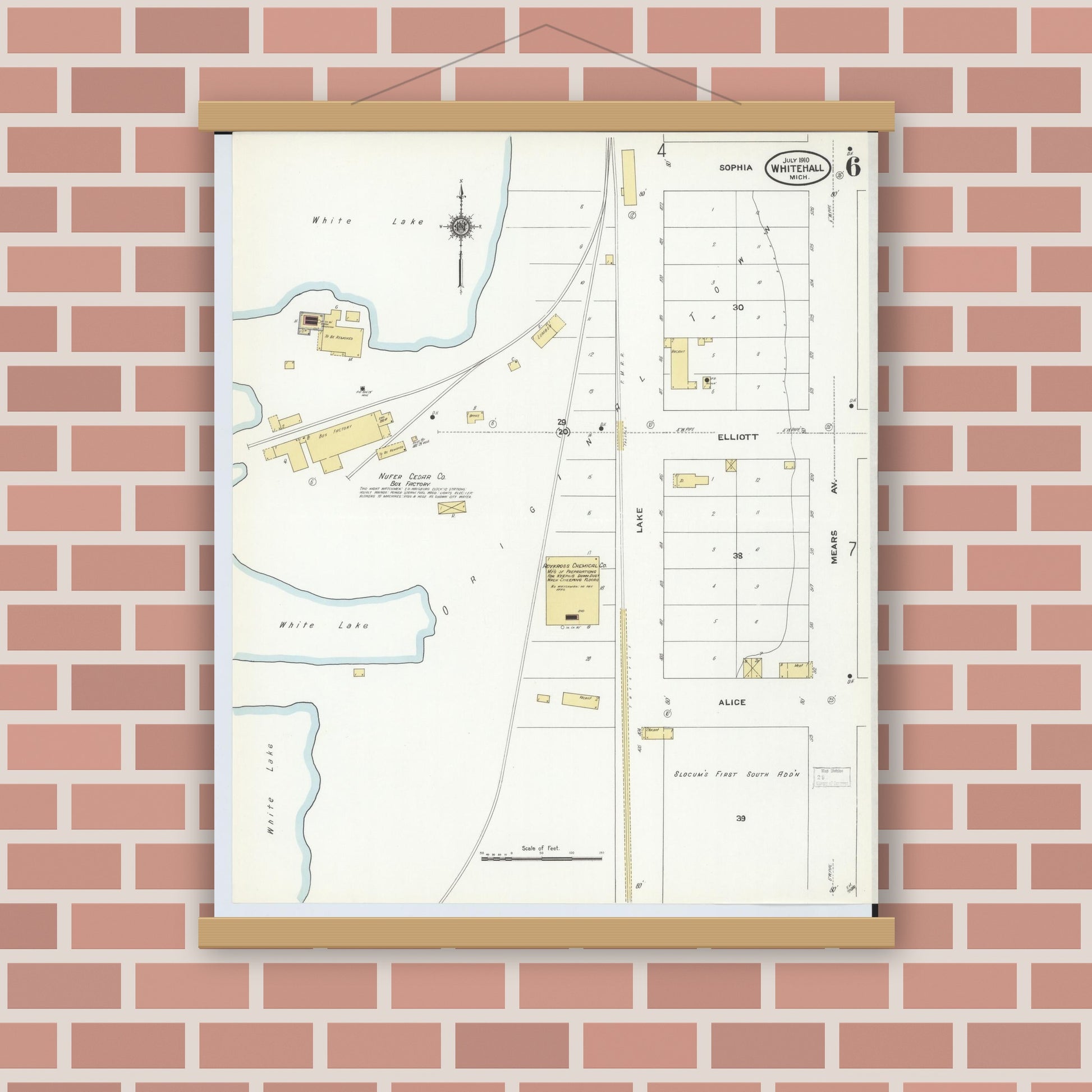 Old map wall art mockup — magnetic wood frame on brick wall — Sanborn Fire Insurance Map from Whitehall, Muskegon County, Michigan (1910), Sheet #0006