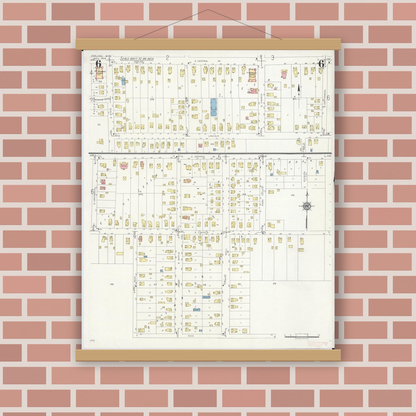 Old map wall art mockup — magnetic wood frame on brick wall — Sanborn Fire Insurance Map from Zeeland, Ottawa County, Michigan (1934), Sheet #0006
