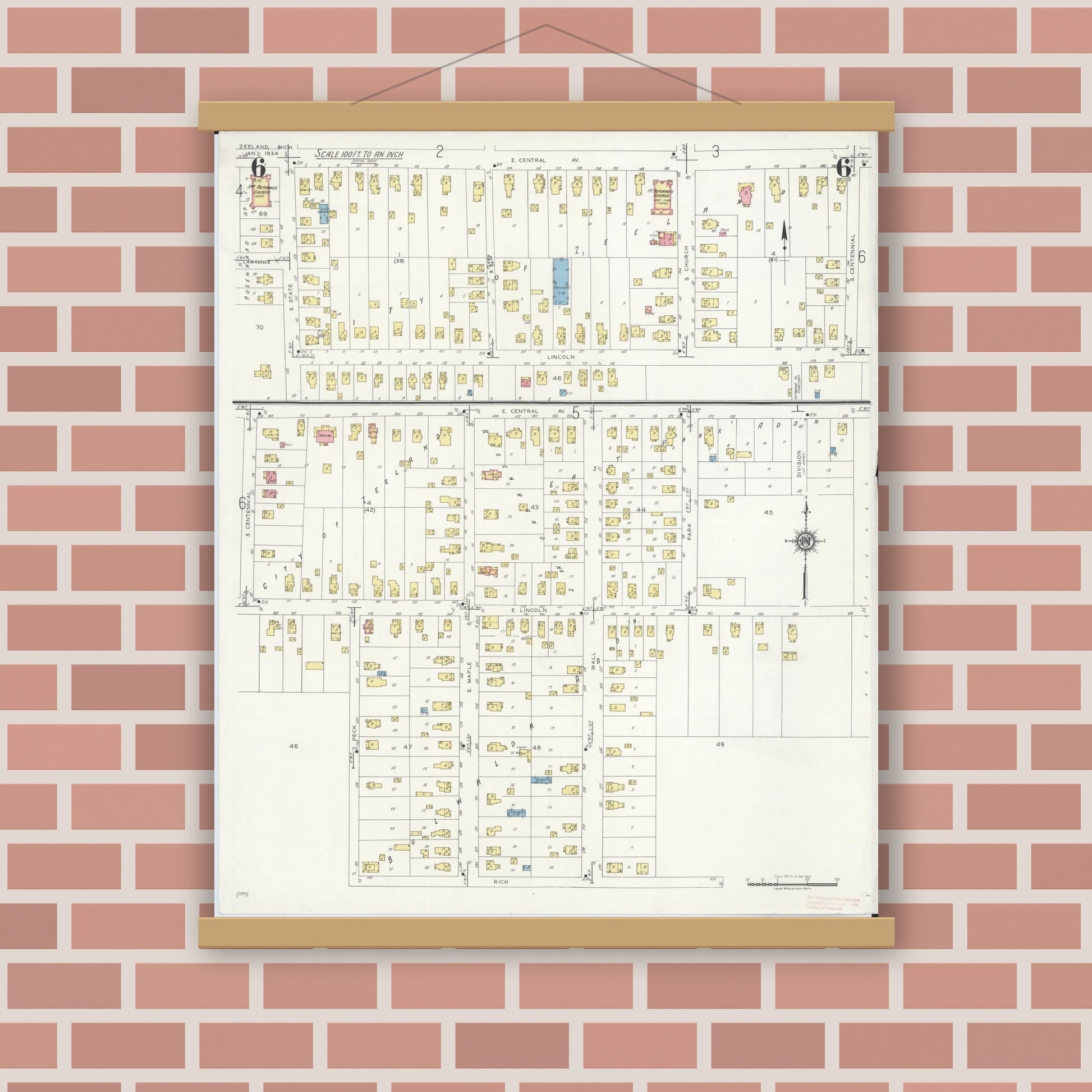 Old map wall art mockup — magnetic wood frame on brick wall — Sanborn Fire Insurance Map from Zeeland, Ottawa County, Michigan (1934), Sheet #0006