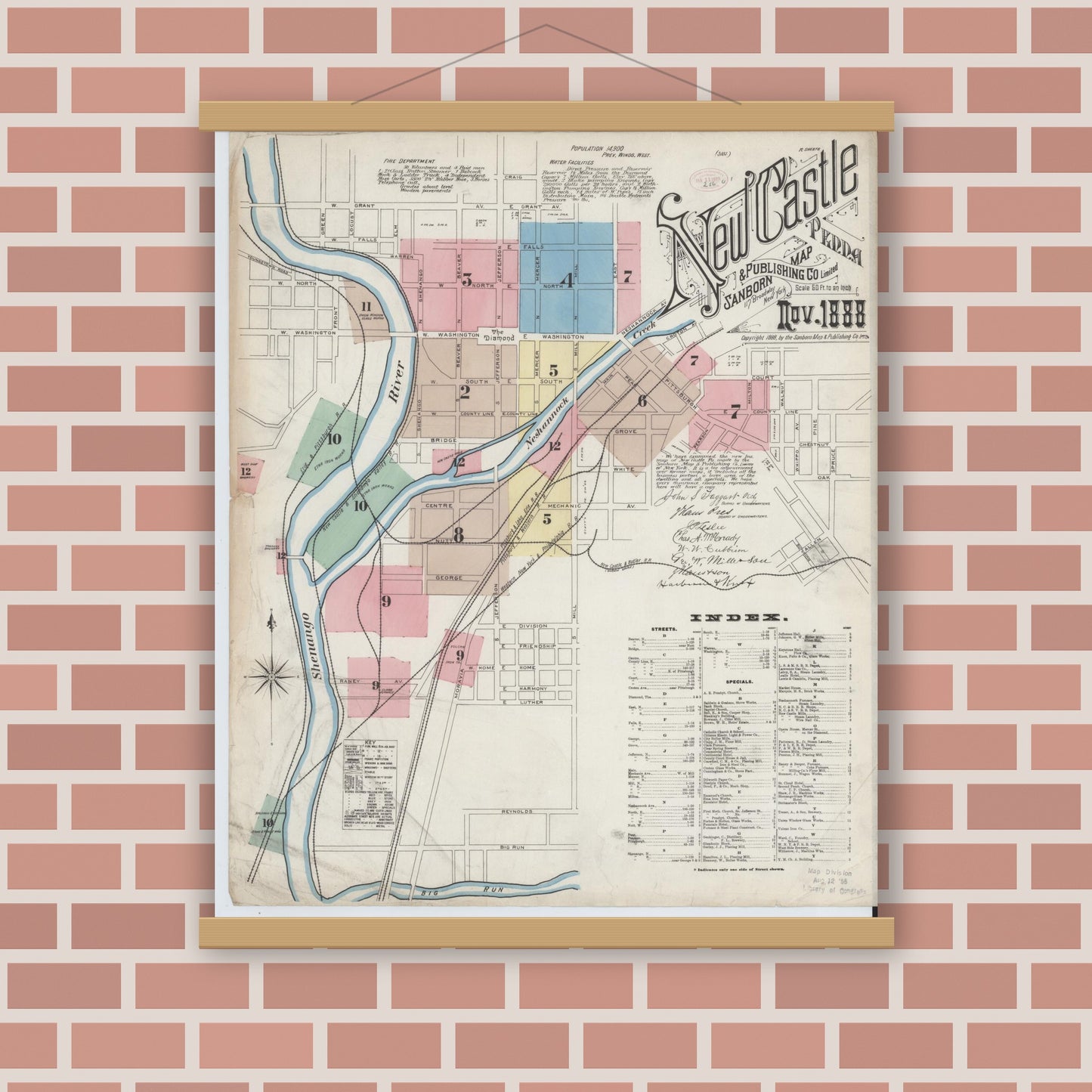 Old map wall art mockup — magnetic wood frame on brick wall — Sanborn Fire Insurance Map from New Castle, Lawrence County, Pennsylvania (1888) - Complete Map Set