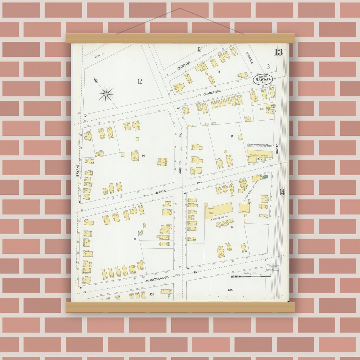 Old map wall art mockup — magnetic wood frame on brick wall — Sanborn Fire Insurance Map from Rahway, Union County, New Jersey (1901), Sheet #0013