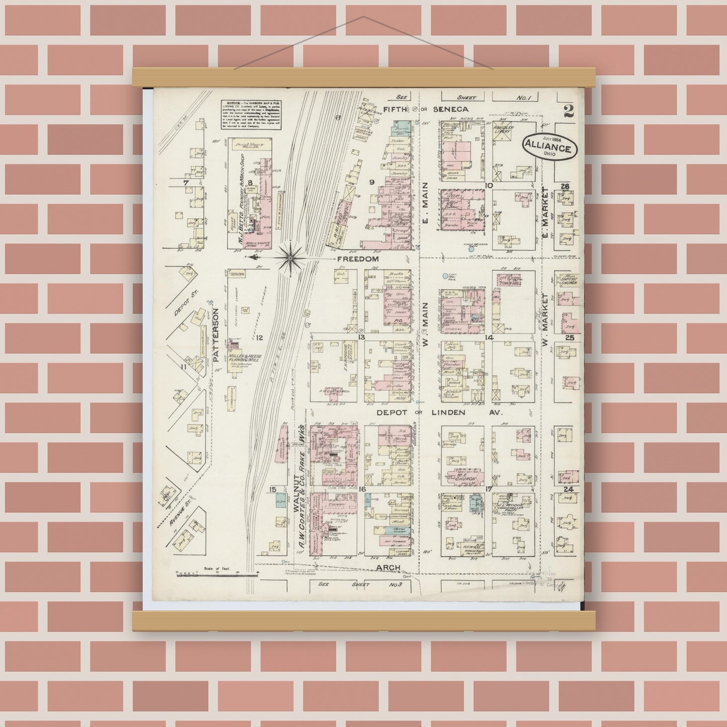 Old map wall art mockup — magnetic wood frame on brick wall — Sanborn Fire Insurance Map from Alliance, Stark County, Ohio (1884), Sheet #0002
